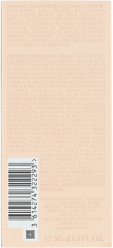 Tył kartonowego opakowania perfum Giorgio Armani, brzoskwiniowy kolor, widoczna lista składników, kod kreskowy, objętość 50 ml.