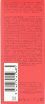 Tył czerwonego opakowania perfum Giorgio Armani, 30 ml, z listą składników, ostrzeżeniami i kodem kreskowym.