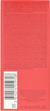 Tył czerwonego opakowania perfum Giorgio Armani, z listą składników i kodem kreskowym, pojemność 50 ml.