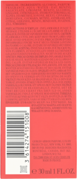 Tył czerwonego opakowania perfum Giorgio Armani 30 ml, z listą składników, kodem kreskowym i danymi producenta.