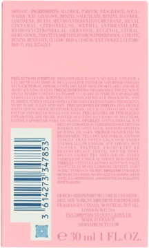 Różowe opakowanie perfum Giorgio Armani, widok z tyłu z kodem kreskowym, listą składników, objętość 30 ml.