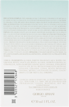 Tył opakowania perfum Giorgio Armani 30 ml, z listą składników, kodem kreskowym i ostrzeżeniami w wielu językach.