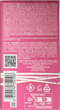 Różowo-białe opakowanie perfum Giorgio Armani, widok z tyłu, z tekstem, kodem QR, listą składników i symbolami.