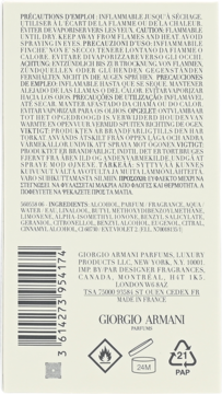 Tył beżowego opakowania perfum Giorgio Armani z czarnym tekstem, kodem kreskowym i symbolami ostrzegawczymi.