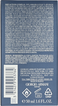 Tył granatowego opakowania perfum Giorgio Armani 50ml z listą składników, ostrzeżeniami i kodem kreskowym.