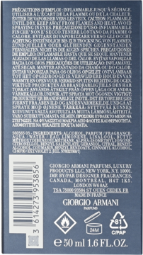 Tylna strona ciemnoniebieskiego opakowania perfum Giorgio Armani, instrukcje, składniki, kod kreskowy.