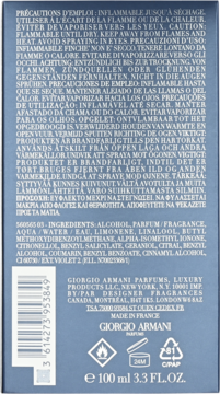 Tył ciemnoniebieskiego opakowania perfum Giorgio Armani, 100 ml, z listą składników i kodem kreskowym.