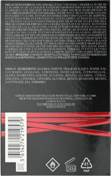 Tył czarnego opakowania perfum Giorgio Armani z czerwonymi paskami, składniki, ostrzeżenia i symbol PAO 24M.