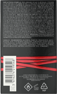 Tył czarnego opakowania perfum Giorgio Armani z czerwonym falistym wzorem, kodem kreskowym i listą składników.