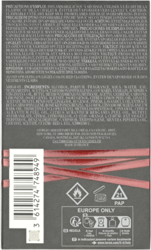 Tył opakowania zapachu Giorgio Armani, czarne z czerwonymi wstążkami, z listą składników, ostrzeżeniami i kodem kreskowym.