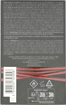 Tył ciemnego opakowania perfum Giorgio Armani z białym tekstem, kodem kreskowym i symbolami ostrzegawczymi.