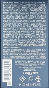 Tył niebieskiego opakowania perfum Giorgio Armani 100ml. Widoczna lista składników, ostrzeżenia i kod EAN.