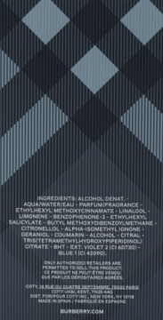 Tył opakowania perfum Burberry w niebiesko-granatową kratę, z widocznym składem i danymi producenta.