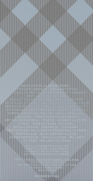 Tył opakowania produktu z elegancką kratą w odcieniach szarości i jasnego błękitu, z centralnie umieszczonym, nieczytelnym tekstem.