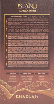 Tył brązowego opakowania Extrait de Parfum Khadlaj Island Vanilla Dunes z nutami zapachowymi.