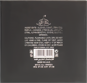 Tył ciemnego opakowania perfum Aura Fragrance z jasnozłotym tekstem, listą składników, ostrzeżeniami i kodem kreskowym.