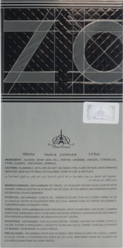 Opakowanie perfum PARIS CORNER 100ml, widok tyłu z instrukcjami i składem. Czarne i srebrne wzory ZO.