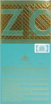 Tył opakowania perfum Paris Corner ZO. Złote logo, niebieskie tło z tekstem i hologramem. Widok z tyłu.