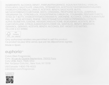 Tył opakowania perfum Calvin Klein Euphoria Bold Elixir dla kobiet, ze składnikami, logo FSC i QR kodem.