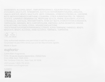 Tył opakowania perfum Calvin Klein Euphoria Solar Elixir z listą składników, danymi producenta i QR kodem.