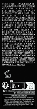 Tył opakowania produktu kosmetycznego z listą składników, symbolami recyklingu i ostrzeżeniem USA o utylizacji.