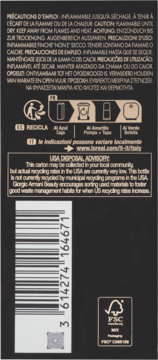 Tył ciemnego opakowania produktu z ikonami recyklingu, informacją USA Disposal Advisory i kodem kreskowym.