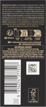 Tył czarnego opakowania Giorgio Armani Beauty: recykling, USA Disposal Advisory, kod kreskowy i FSC.