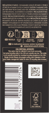 Tył czarnego opakowania Giorgio Armani Beauty z ostrzeżeniami, symbolami recyklingu i kodem kreskowym.