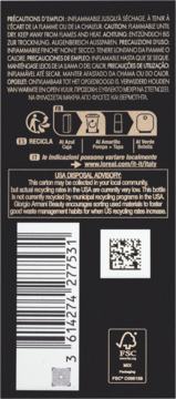 Tył czarnego opakowania kosmetyku z ostrzeżeniem o łatwopalności, kodem kreskowym, symbolami recyklingu i FSC.