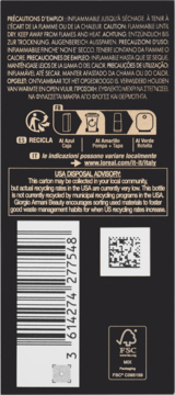 Tył ciemnego opakowania Giorgio Armani Beauty z tekstem o utylizacji, kodem kreskowym i logo FSC.