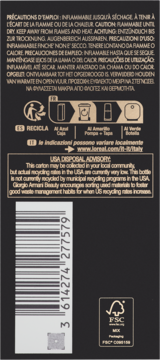 Tył czarnego kartonowego opakowania Giorgio Armani z instrukcjami recyklingu, kodem, logo FSC i ostrzeżeniem USA.