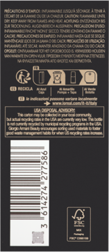 Tył ciemnego opakowania produktu L'Oreal/Armani z wielojęzycznymi ostrzeżeniami, ikonami recyklingu i kodem kreskowym.