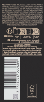 Tył czarnego opakowania Giorgio Armani Beauty z ostrzeżeniami, ikonami recyklingu, kodem kreskowym i logo FSC.