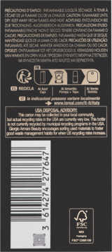 Tył ciemnego opakowania Giorgio Armani Beauty. Widoczne informacje o recyklingu, USA Disposal Advisory, kod kreskowy, FSC logo.