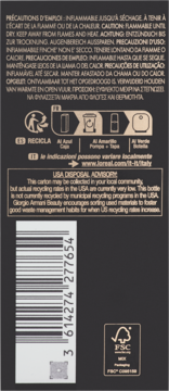 Tył czarnego opakowania kosmetyku Giorgio Armani z instrukcjami recyklingu, kodem kreskowym i ostrzeżeniem USA o utylizacji.