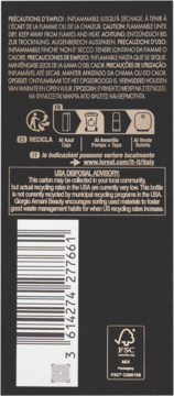 Tył czarno-złotego opakowania L'Oréal Armani, z kodem kreskowym, informacjami o recyklingu i ostrzeżeniami.