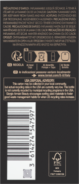 Tył kartonu produktu Giorgio Armani Beauty z instrukcjami bezpieczeństwa i informacjami o recyklingu w USA.