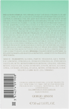 Tył opakowania perfum Giorgio Armani 50ml. Górna część jasnozielona, przechodzi w biel. Widoczny kod kreskowy i lista składników.