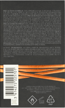 Tył czarnego opakowania perfum Giorgio Armani, z białym tekstem, kodem kreskowym i ikonami ostrzegawczymi.