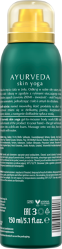 Tył ciemnozielonej butelki Ayurveda Skin Yoga gel-to-mousse body wash 150 ml ze złotym dozownikiem.