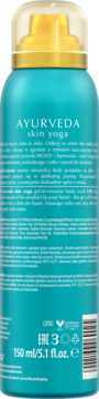 Tył turkusowego opakowania AYURVEDA skin yoga gel-to-mousse body wash 150ml z instrukcją i składem.