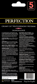 Perfection Creamy Cat Treats Salmon, czarny pakiet 75g (5x15g), zloty napis, widok z przodu z detalami.