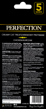 Tylne opakowanie smakołyków dla kota PERFECTION o smaku kurczaka, 5 saszetek, czarno-złote, z tekstem.