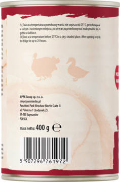 Tył puszki karmy Pan Mięsko Psia Uczta Z indykiem i kaczką 400g, z etykietą, instrukcjami i grafikami zwierząt.
