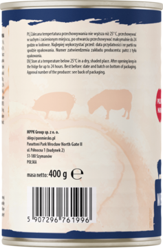 Tył puszki Pan Mięsko Psia Uczta z wieprzowiną i jagnięciną. Widoczne instrukcje, masa netto 400g i kod kreskowy.