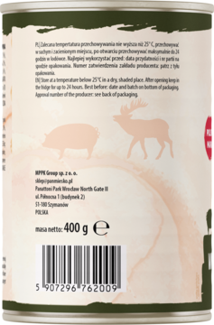 Tył puszki karmy Pan Mięsko Wieprzowina z Jeleniem 400g, etykieta z instrukcjami, sylwetkami zwierząt i kodem.