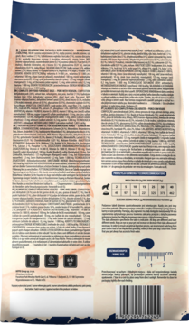 Tył opakowania karmy Pan Mięsko Psia Uczta Wieprzowina z Dziczyzną, z listą składników, tabelą żywienia i kodem kreskowym.