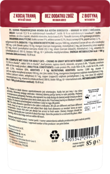 Tył opakowania karmy mokrej Pan Mięsko dla kota z królikiem i kocią trawą, widoczna lista składników, 85g.