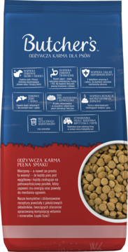 Tył opakowania karmy dla psów Butcher's, niebiesko-czerwone, z opisem korzyści i widoczną karmą.