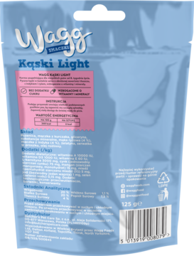 Tył niebieskiego opakowania Wagg Kąski Light, przysmaków dla psa, z różową tabelą odżywczą i składem.